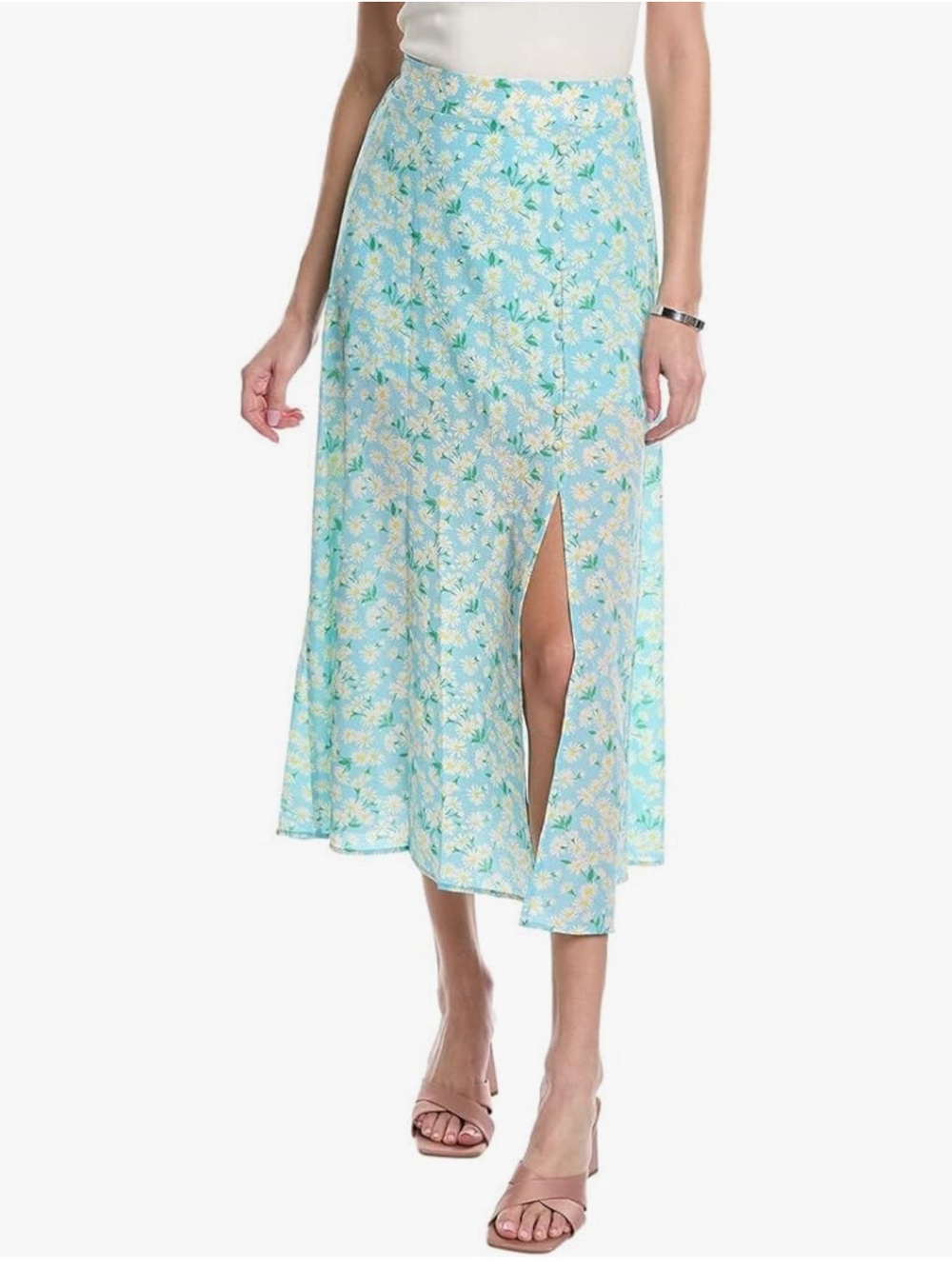 BCBGeneration A-Line Daisy Print Side Slit Midi Skirt in Aqua Texture Size Small
